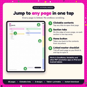 Hyperlinked contents page of the Author Events Planner, with clickable contents, section tabs, home button and linked master checklist for GoodNotes and Notability