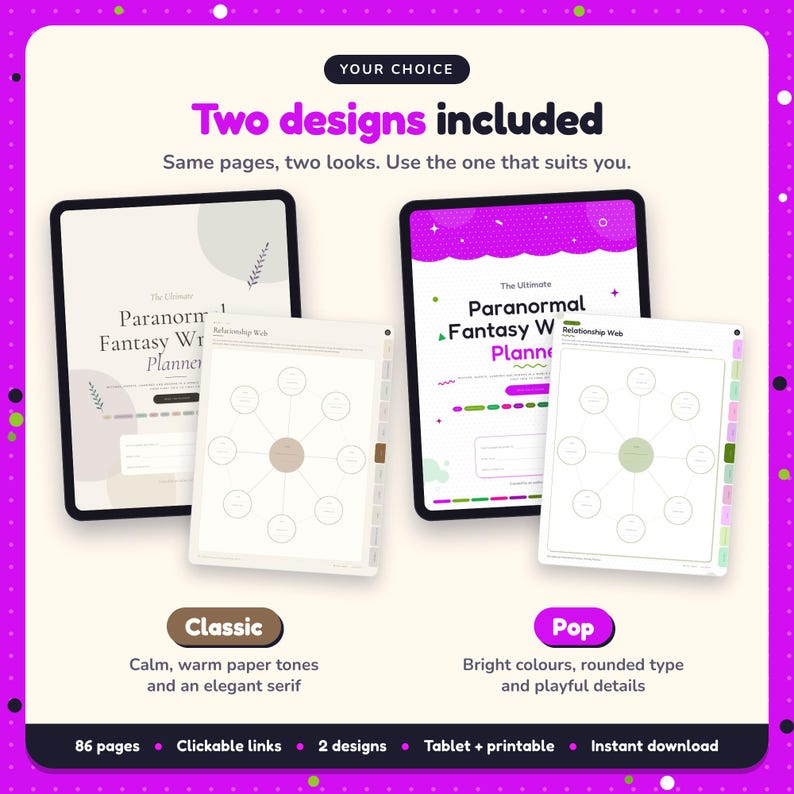 Two designs included with the Paranormal Fantasy Writing Planner: Classic and Pop