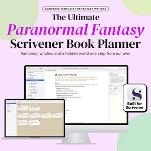 Puede incluir: Una plantilla digital de Scrivener para escritores de fantasía paranormal mostrada en un monitor de computadora y una pantalla de portátil. El texto dice Scrivener Template for Fantasy Writers, The Ultimate Paranormal Fantasy Scrivener Book Planner.