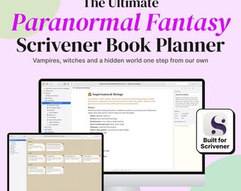 Könnte beinhalten: Eine digitale Scrivener-Vorlage für Fantasy-Autoren, die auf einem Computermonitor und einem Laptop-Bildschirm angezeigt wird. Der Text lautet Scrivener Template for Fantasy Writers, The Ultimate Paranormal Fantasy Scrivener Book Planner.