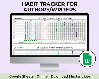 Habit Tracker Spreadsheet Template, Digital Habit Tracker Sheets, Daily, Weekly, Monthly Goal Planners for Authors