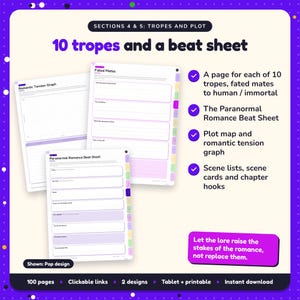 10 tropes and a beat sheet: Paranormal Romance Writing Planner pages. A page for each of 10 tropes, fated mates to human / immortal; The Paranormal Romance Beat Sheet; Plot map and romantic tension graph