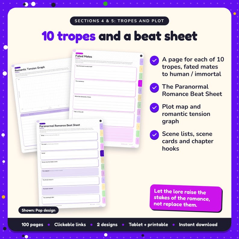 10 tropes and a beat sheet: Paranormal Romance Writing Planner pages. A page for each of 10 tropes, fated mates to human / immortal; The Paranormal Romance Beat Sheet; Plot map and romantic tension graph
