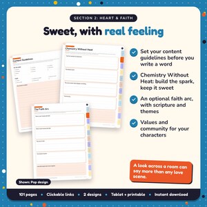 Sweet, with real feeling: Clean & Wholesome Romance Writing Planner pages. Set your content guidelines before you write a word; Chemistry Without Heat: build the spark, keep it sweet; An optional faith arc, with scripture and themes