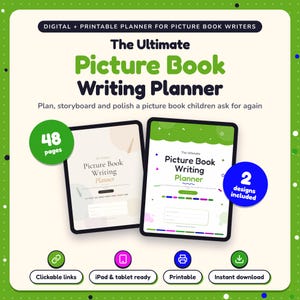 The Ultimate Picture Book Writing Planner shown on two tablets in Classic and Pop designs: 48 pages, clickable links, iPad and tablet ready, printable, instant download
