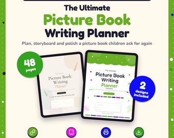 Könnte beinhalten: Ein digitaler und druckbarer Planer für Bilderbuchautoren mit dem Titel The Ultimate Picture Book Writing Planner. Er umfasst 48 Seiten, zwei Designs, anklickbare Links und ist für Tablets geeignet.