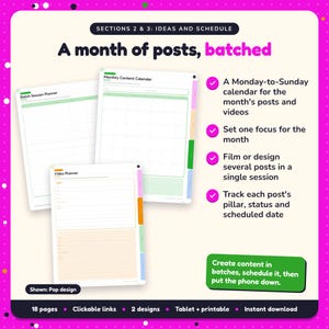 A month of posts, batched: Author Social Media Planner pages. A Monday-to-Sunday calendar for the month's posts and videos; Set one focus for the month; Film or design several posts in a single session