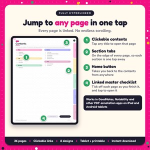 Hyperlinked contents page of the Romance Reading Journal, with clickable contents, section tabs, home button and linked master checklist for GoodNotes and Notability