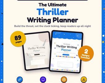 Puede incluir: Un planificador de escritura de suspenso digital e imprimible con dos diseños distintos en pantallas de tableta. El texto dice The Ultimate Thriller Writing Planner, 89 pages, 2 designs included, clickable links, iPad and tablet ready, printable e instant download.