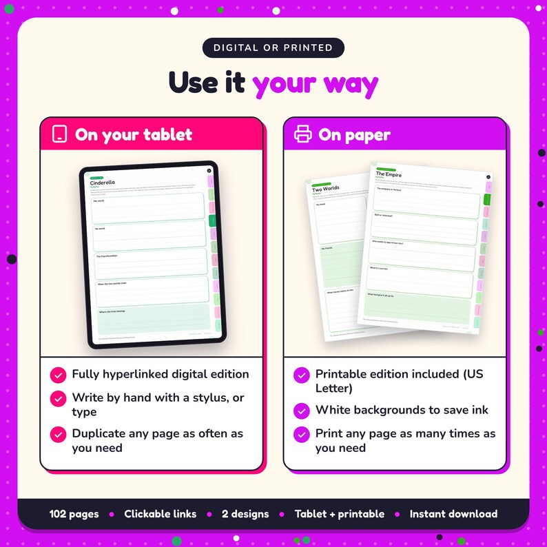 Use the Billionaire Romance Writing Planner on your tablet as a hyperlinked digital planner, or print the US Letter printable edition