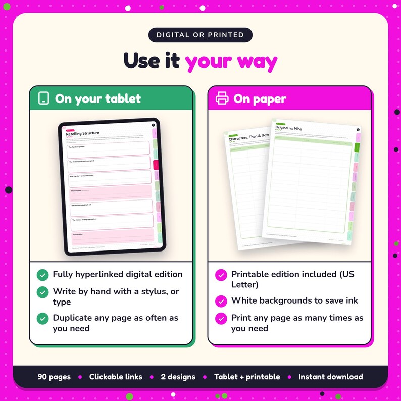 Use the Myth & Fairy-Tale Retelling Writing Planner on your tablet as a hyperlinked digital planner, or print the US Letter printable edition