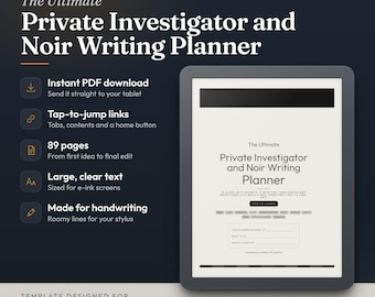 May include: A digital planner for e-ink tablets titled The Ultimate Private Investigator and Noir Writing Planner. The 89-page template features tap-to-jump links, large text, and handwriting lines, designed for reMarkable and Kindle Scribe devices.