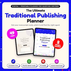 The Ultimate Traditional Publishing Planner shown on two tablets in Classic and Pop designs: 49 pages, clickable links, iPad and tablet ready, printable, instant download