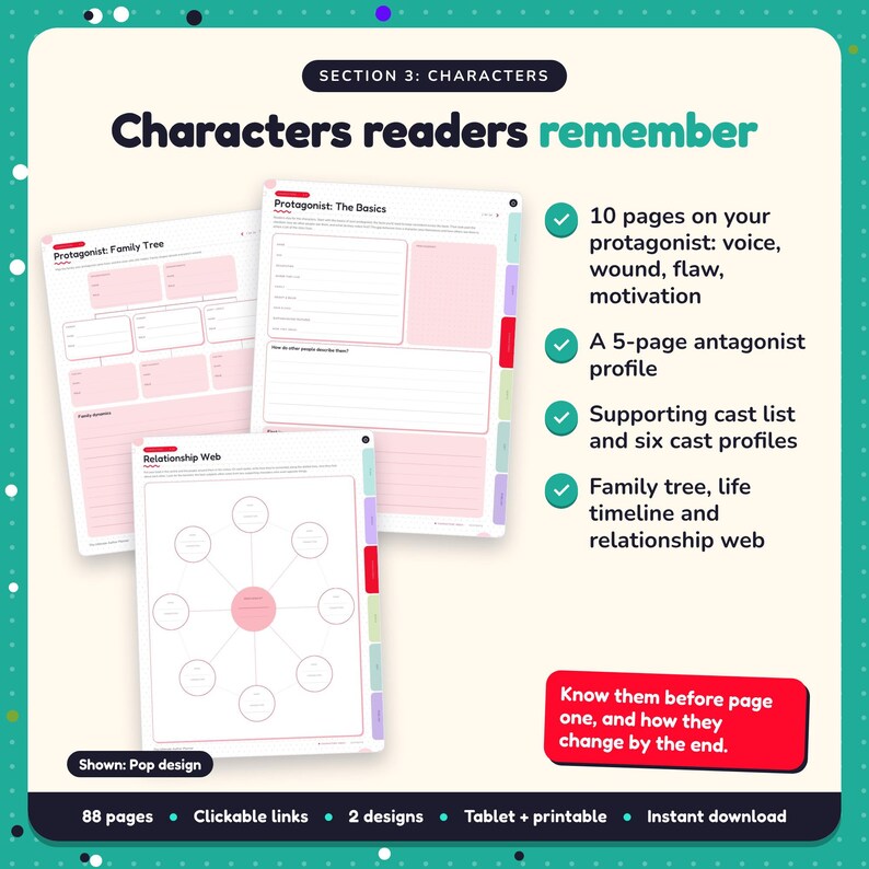 Characters readers remember: Author Planner pages. 10 pages on your protagonist: voice, wound, flaw, motivation; A 5-page antagonist profile; Supporting cast list and six cast profiles