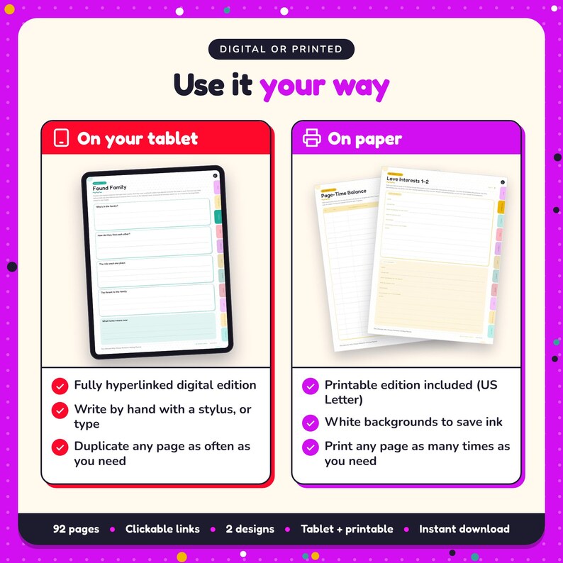 Use the Why Choose Romance Writing Planner on your tablet as a hyperlinked digital planner, or print the US Letter printable edition