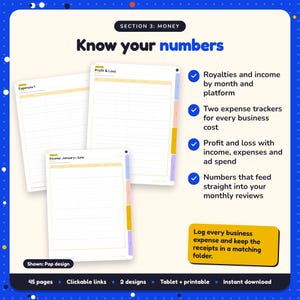 Know your numbers: 2027 Author Business Planner pages. Royalties and income by month and platform; Two expense trackers for every business cost; Profit and loss with income, expenses and ad spend