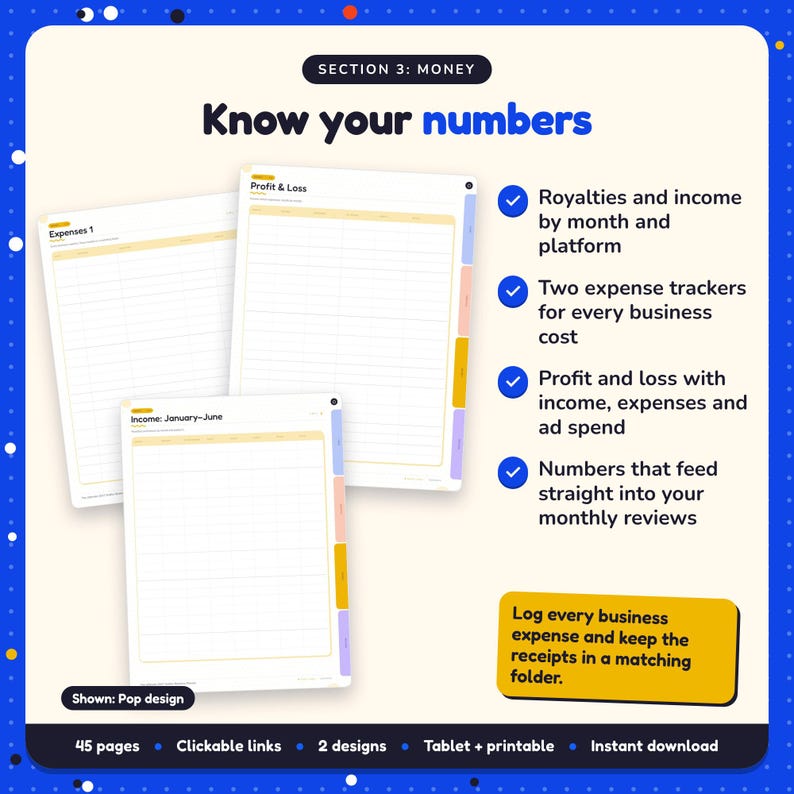Know your numbers: 2027 Author Business Planner pages. Royalties and income by month and platform; Two expense trackers for every business cost; Profit and loss with income, expenses and ad spend