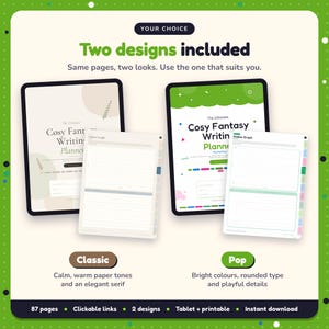 Two designs included with the Cosy Fantasy Writing Planner: Classic and Pop