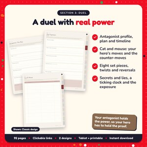 A duel with real power: Political & Conspiracy Thriller Writing Planner pages. Antagonist profile, plan and timeline; Cat and mouse: your hero's moves and the counter-moves; Eight set pieces, twists and reversals