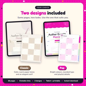 Two designs included with the Author Events Planner: Classic and Pop