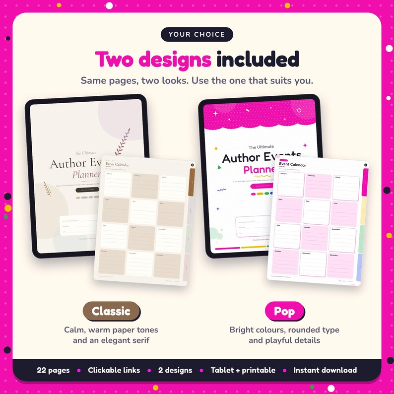 Two designs included with the Author Events Planner: Classic and Pop