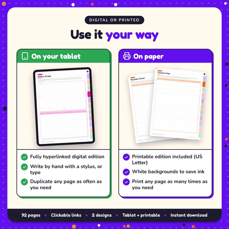 Use the Time Travel Writing Planner on your tablet as a hyperlinked digital planner, or print the US Letter printable edition