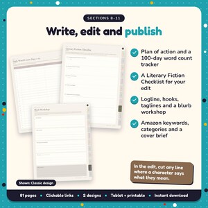 Write, edit and publish: Literary Fiction Writing Planner pages. Plan of action and a 100-day word count tracker; A Literary Fiction Checklist for your edit; Logline, hooks, taglines and a blurb workshop