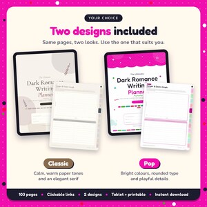 Two designs included with the Dark Romance Writing Planner: Classic and Pop
