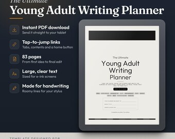May include: A digital writing planner for e-ink tablets titled The Ultimate Young Adult Writing Planner. The 83-page template features tap-to-jump links, large text, and handwriting lines. It is designed for reMarkable and Kindle Scribe devices.
