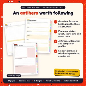 An antihero worth following: Grimdark Fantasy Writing Planner pages. Grimdark Structure beats, plus the three-act structure; Plot map, stakes graph, scene lists and scene cards; Antihero, antagonist and companion profiles