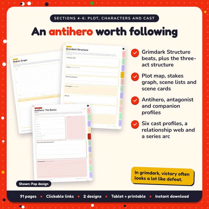 An antihero worth following: Grimdark Fantasy Writing Planner pages. Grimdark Structure beats, plus the three-act structure; Plot map, stakes graph, scene lists and scene cards; Antihero, antagonist and companion profiles