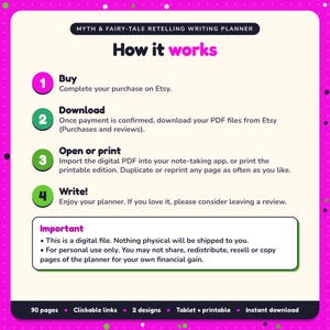 How it works: buy, download the PDF files from Etsy, open in your note-taking app or print. Digital file for personal use, nothing is shipped