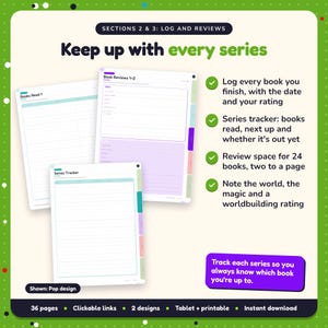 Keep up with every series: Fantasy Reading Journal pages. Log every book you finish, with the date and your rating; Series tracker: books read, next up and whether it's out yet; Review space for 24 books, two to a page