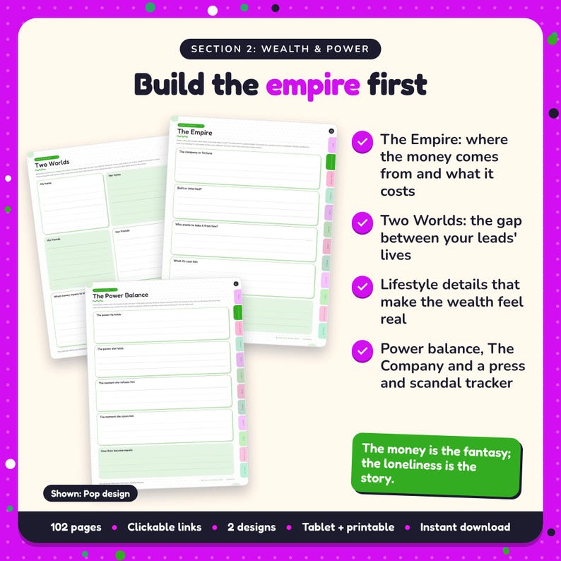 Build the empire first: Billionaire Romance Writing Planner pages. The Empire: where the money comes from and what it costs; Two Worlds: the gap between your leads' lives; Lifestyle details that make the wealth feel real