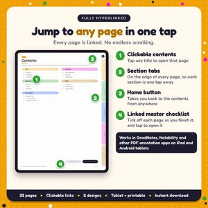 Hyperlinked contents page of the Crowdfunding for Authors Planner, with clickable contents, section tabs, home button and linked master checklist for GoodNotes and Notability