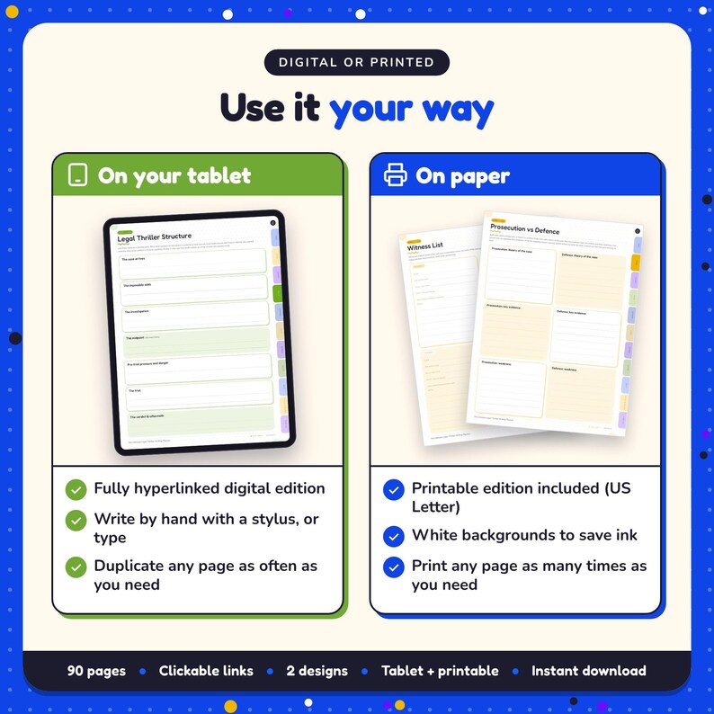 Use the Legal Thriller Writing Planner on your tablet as a hyperlinked digital planner, or print the US Letter printable edition