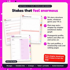 Stakes that feel enormous: Young Adult Writing Planner pages. YA story structure beats, whatever genre your YA is; Plot map and a chapter by chapter emotional stakes graph; Protagonist profile, before and after arc and series arc