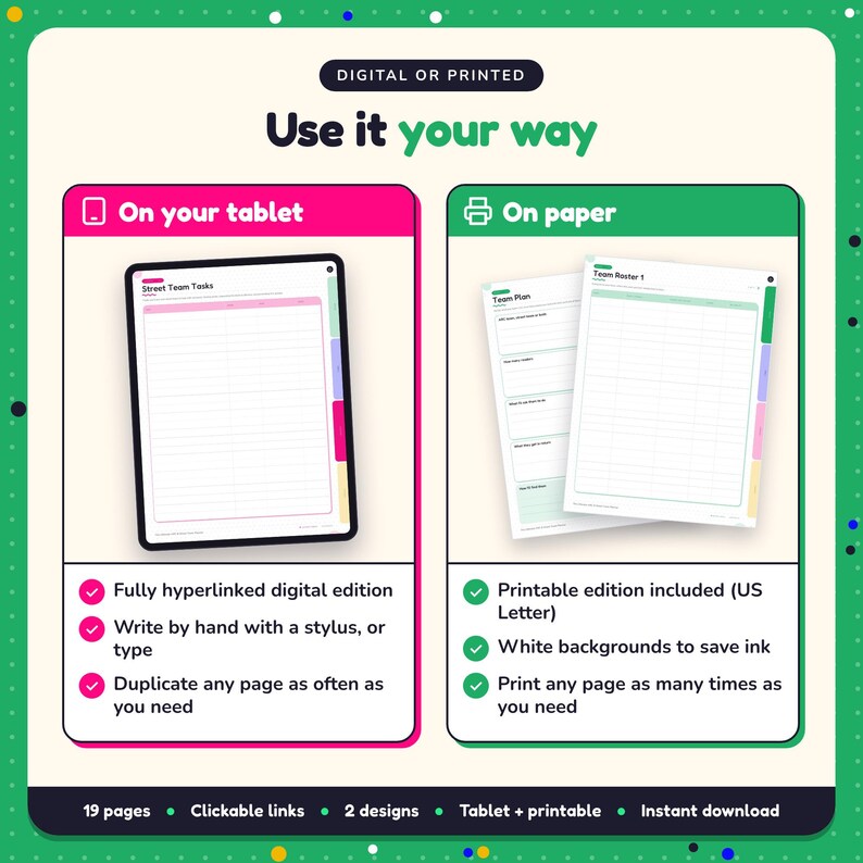 Use the ARC & Street Team Planner on your tablet as a hyperlinked digital planner, or print the US Letter printable edition