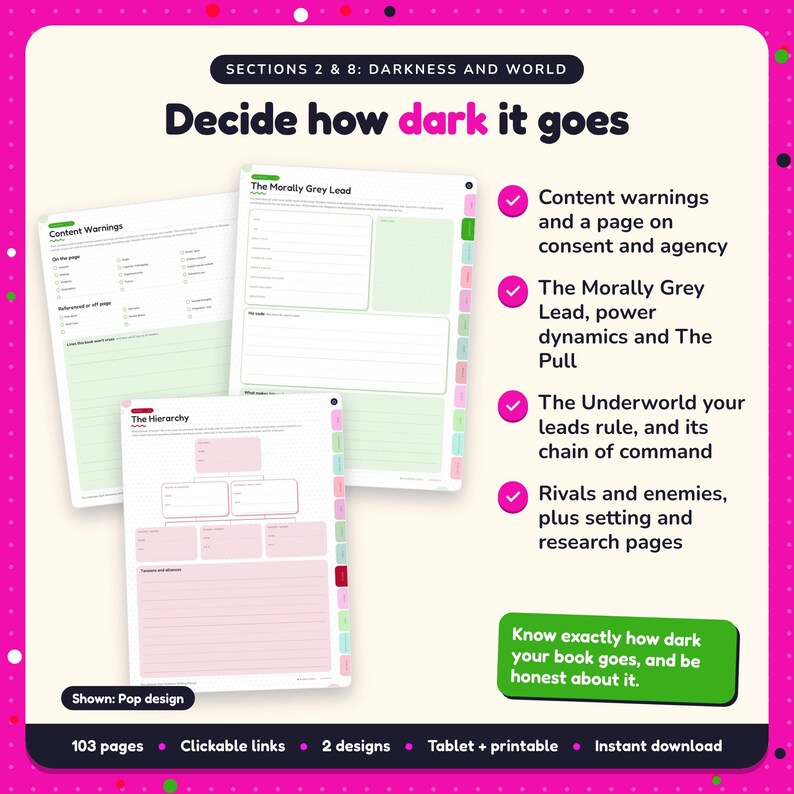 Decide how dark it goes: Dark Romance Writing Planner pages. Content warnings and a page on consent and agency; The Morally Grey Lead, power dynamics and The Pull; The Underworld your leads rule, and its chain of command