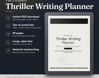 Puede incluir: Un planificador digital para tabletas de tinta electrónica titulado The Ultimate Thriller Writing Planner, con 89 páginas, enlaces interactivos y texto grande. La interfaz incluye secciones para detalles del libro y sugerencias de escritura para usar con un lápiz.