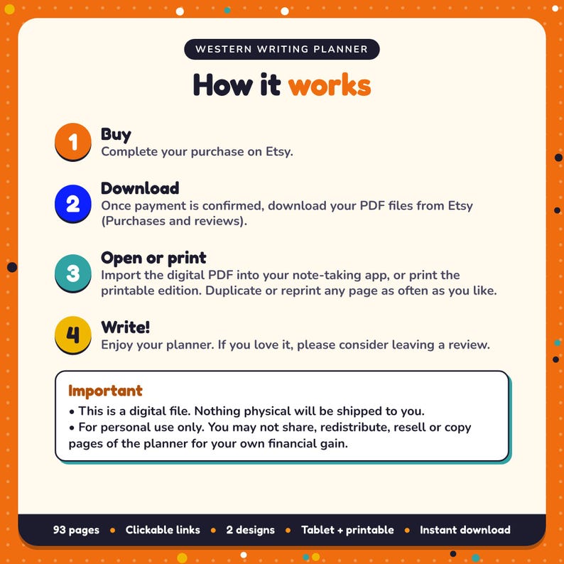 How it works: buy, download the PDF files from Etsy, open in your note-taking app or print. Digital file for personal use, nothing is shipped