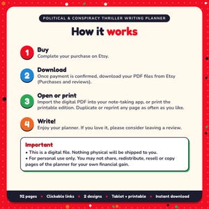 How it works: buy, download the PDF files from Etsy, open in your note-taking app or print. Digital file for personal use, nothing is shipped