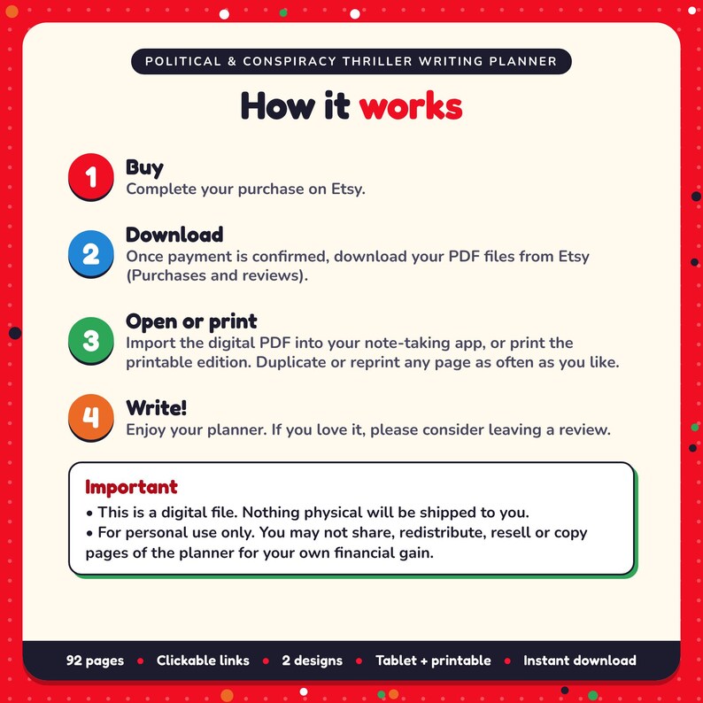 How it works: buy, download the PDF files from Etsy, open in your note-taking app or print. Digital file for personal use, nothing is shipped