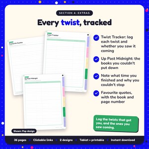 Every twist, tracked: Thriller Reading Journal pages. Twist Tracker: log each twist and whether you saw it coming; Up Past Midnight: the books you couldn't put down; Note what time you finished and why you couldn't stop