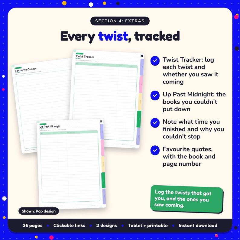 Every twist, tracked: Thriller Reading Journal pages. Twist Tracker: log each twist and whether you saw it coming; Up Past Midnight: the books you couldn't put down; Note what time you finished and why you couldn't stop
