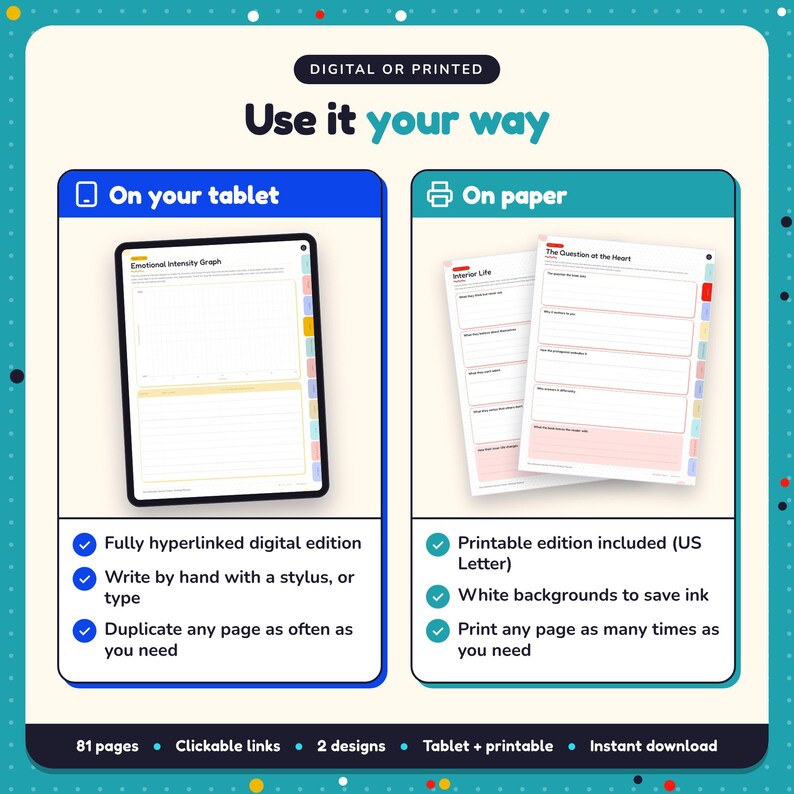 Use the Literary Fiction Writing Planner on your tablet as a hyperlinked digital planner, or print the US Letter printable edition