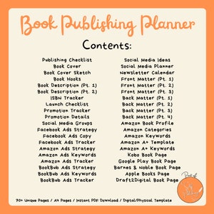 Puede incluir: Un planificador imprimible de color melocot&oacute;n con el t&iacute;tulo "Book Publishing Planner" y una lista de contenidos que incluye "Lista de verificaci&oacute;n de publicaci&oacute;n", "Portada del libro", "Descripci&oacute;n del libro", "Seguimiento de ISBN", "Lista de verificaci&oacute;n de lanzamiento", "Seguimiento de la promoci&oacute;n", "Ideas de redes sociales", "Estrategia de anuncios de Facebook", "Estrategia de anuncios de Amazon", "Estrategia de anuncios de BookBub", "Perfil del libro de Amazon", "Categor&iacute;as de Amazon", "Palabras clave de Amazon", "Plantilla Amazon A+", "P&aacute;gina del libro de Kobo", "P&aacute;gina del libro de Google Play", "P&aacute;gina del libro de Barnes & Noble", "P&aacute;gina de los libros de Apple", "P&aacute;gina del libro de Draft2Digital".