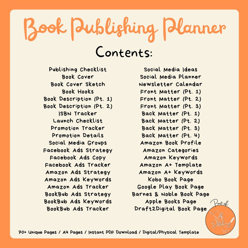 Puede incluir: Un planificador imprimible de color melocot&oacute;n con el t&iacute;tulo "Book Publishing Planner" y una lista de contenidos que incluye "Lista de verificaci&oacute;n de publicaci&oacute;n", "Portada del libro", "Descripci&oacute;n del libro", "Seguimiento de ISBN", "Lista de verificaci&oacute;n de lanzamiento", "Seguimiento de la promoci&oacute;n", "Ideas de redes sociales", "Estrategia de anuncios de Facebook", "Estrategia de anuncios de Amazon", "Estrategia de anuncios de BookBub", "Perfil del libro de Amazon", "Categor&iacute;as de Amazon", "Palabras clave de Amazon", "Plantilla Amazon A+", "P&aacute;gina del libro de Kobo", "P&aacute;gina del libro de Google Play", "P&aacute;gina del libro de Barnes & Noble", "P&aacute;gina de los libros de Apple", "P&aacute;gina del libro de Draft2Digital".