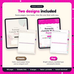 Two designs included with the Romantic Comedy Writing Planner: Classic and Pop