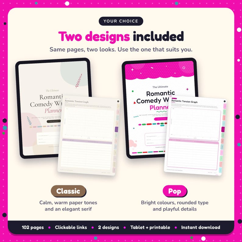 Two designs included with the Romantic Comedy Writing Planner: Classic and Pop